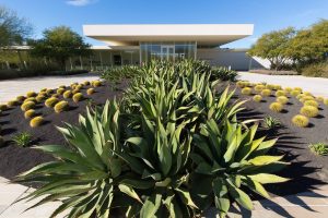 A grouping of Cowhorn Agave in the round planter in front of the entrance to Sunnylands Center and Gardens.